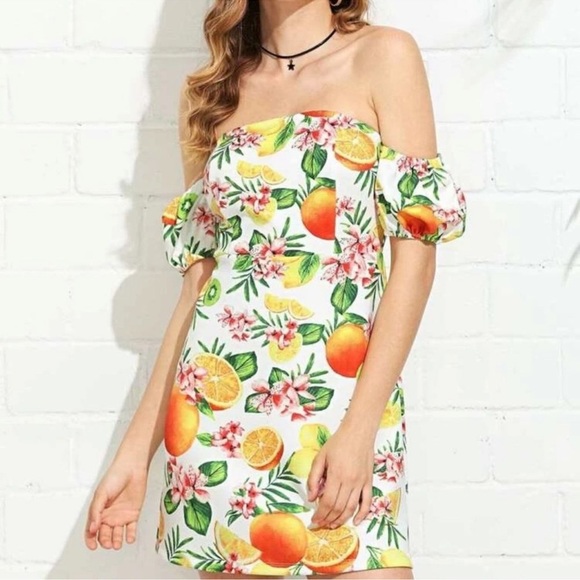 Off-The-Shoulder Bubble Sleeve Fruit Print Mini Dress • New • Medium - Picture 3 of 3